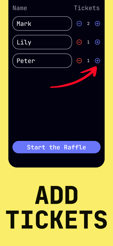 Interface do aplicativo Roda da Sorte mostrando nomes como Mark, Lily e Peter com opções para adicionar ou subtrair bilhetes para um sorteio justo.