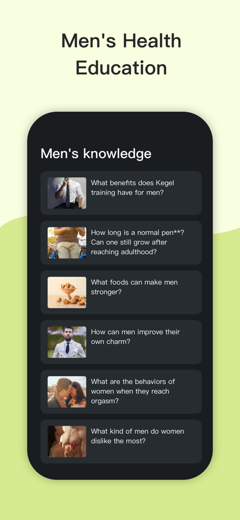 Mr.K - Longer lasting sex - Un écran d'application mobile intitulé Éducation à la santé masculine présentant une liste d'articles informatifs pour le bien-être des hommes et la santé sexuelle.