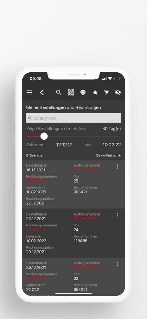 Brillux 앱 화면. 날짜와 문서 번호가 있는 전문가 사용자의 주문 및 송장 내역을 보여줍니다.