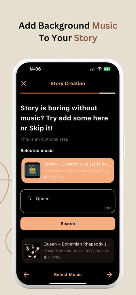 Pantalla de la aplicación Rabi AI que muestra cómo añadir música de fondo a una historia