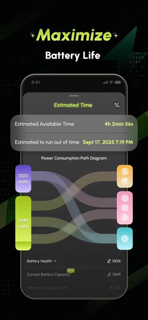 A screenshot of the Battery Care plus app interface showing a power consumption path diagram and estimated remaining battery time.