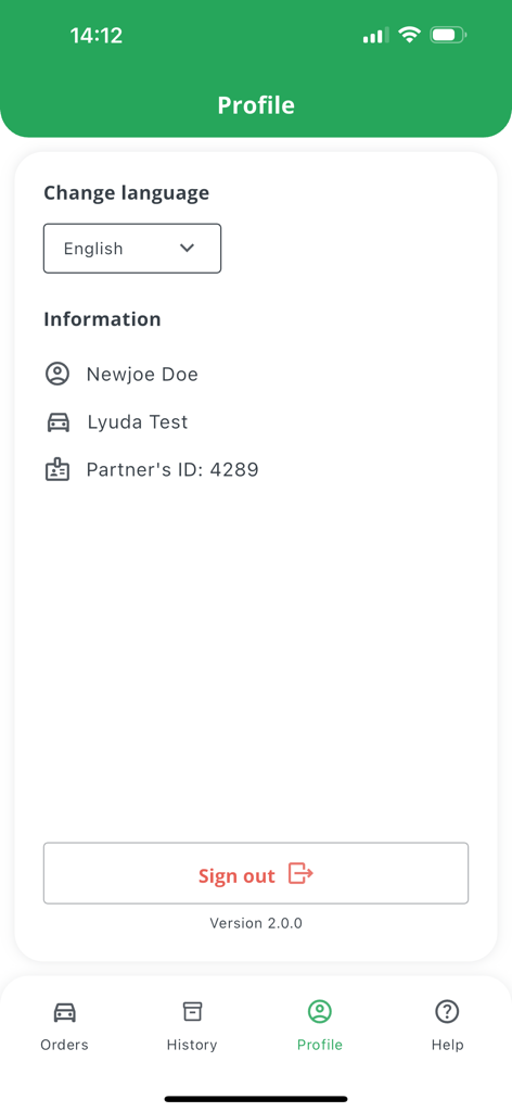 Kiwitaxi Driver - Profile screen of Kiwitaxi Driver app showing driver information and language settings