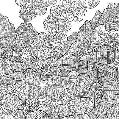 Dive into tranquility with this captivating Zentangle hot springs coloring page, featuring intricate patterns across geysers, mountains, and serene waters. Unwind as you bring this detailed natural wonder to life with your favorite colors.