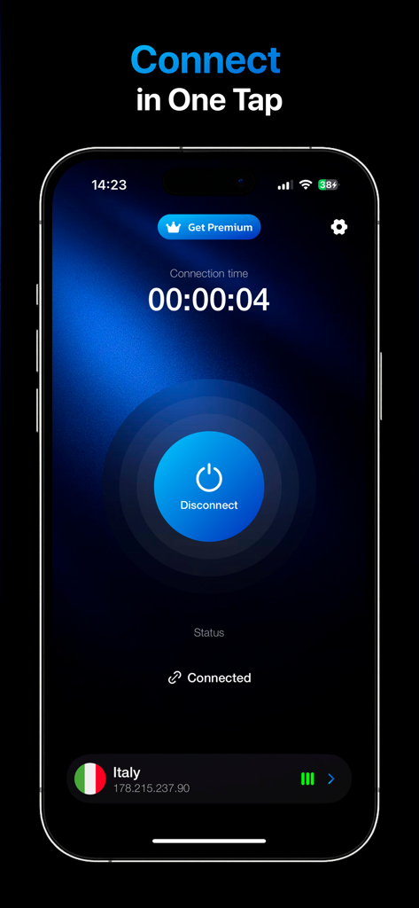 Interfaz de la aplicación móvil VPN Francia que muestra la función de conexión de un toque y un estado de conexión activo.