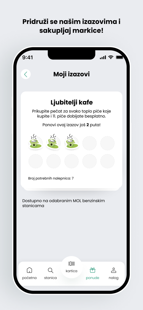 Interfaz de la app MOL Move Srbija mostrando un desafío de fidelización de café donde los usuarios coleccionan sellos digitales para obtener recompensas.