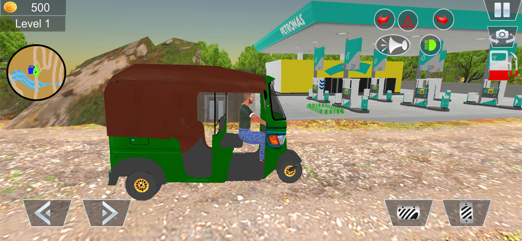 Offroad Tuk Tuk Auto Rickshaw - A green and brown auto rickshaw parked at a gas station in a driving simulation game