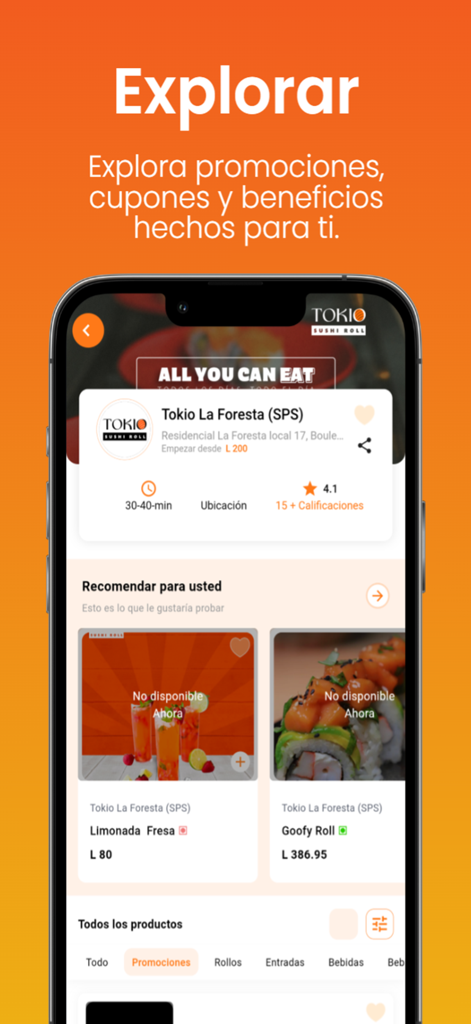 Tokio Sushi Roll - Tokio Sushi Roll app exploration screen with restaurant promotions and recommended dishes