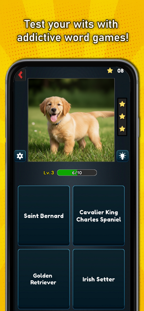 A word puzzle game interface showing a picture of a golden retriever puppy with multiple choice breed names for children to identify.