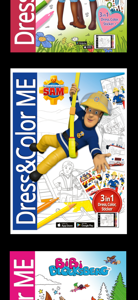 Dress and Color Me - Dress and Color Meアプリのスクリーンショット。消防士サムとビビ・ブロックスバーグのお絵かきアクティビティが表示されています。