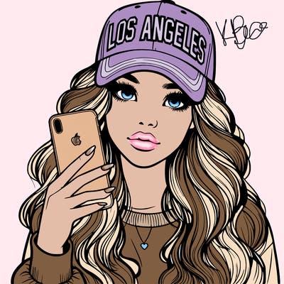 realistic beautiful girl wearing los ángeles cap holding an iphone