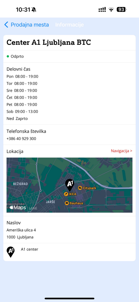 Moj A1 - Store details page in the Moj A1 app showing opening hours, contact information, and map location for Center A1 Ljubljana BTC.