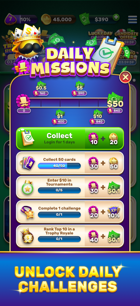 Solitaire Royale daily missions screen showing tasks and cash rewards progress