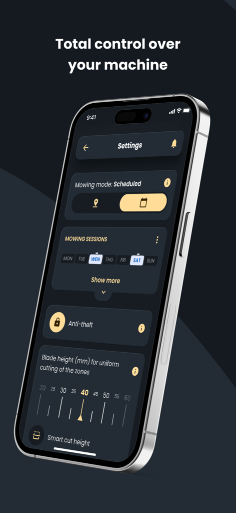 STIGA.GO - STIGA.GO App-Einstellungsbildschirm, der den Mähplan und die Schnitthöhenverstellung zeigt