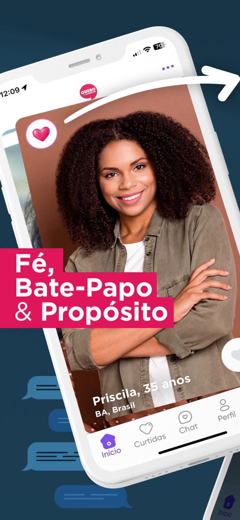 'Faith Chat' 및 'Purpose'라는 텍스트가 있는 만남을 원해요 앱 사용자 프로필을 보여주는 스마트폰 화면