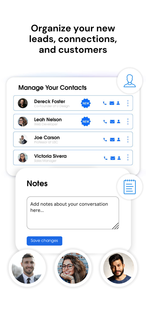 Wave: Digital Business Card - Wave app interface showing a list of professional contacts and a notes section for networking leads