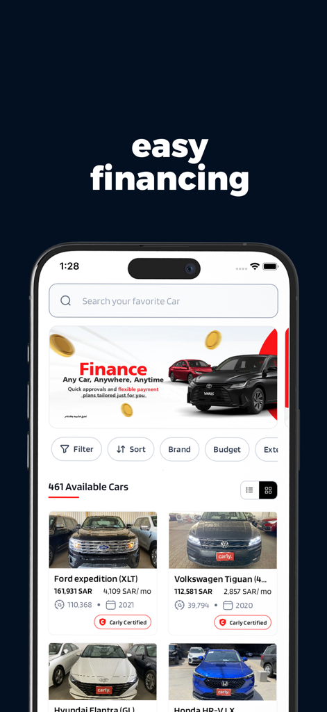 Carly app interface showing used car listings and easy financing details