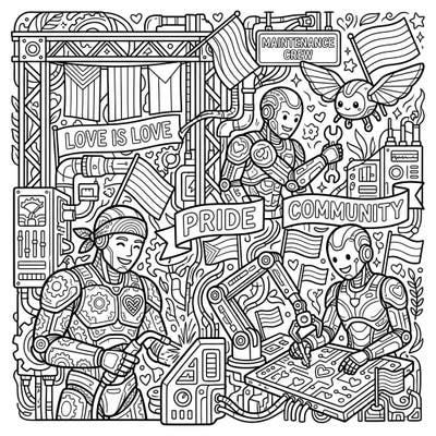 Dive into a unique celebration with our Maintenance Cyborgs Pride Month coloring page! This intricate design combines futuristic mechanics with heartwarming symbols of love, diversity, and community, perfect for a creative session.