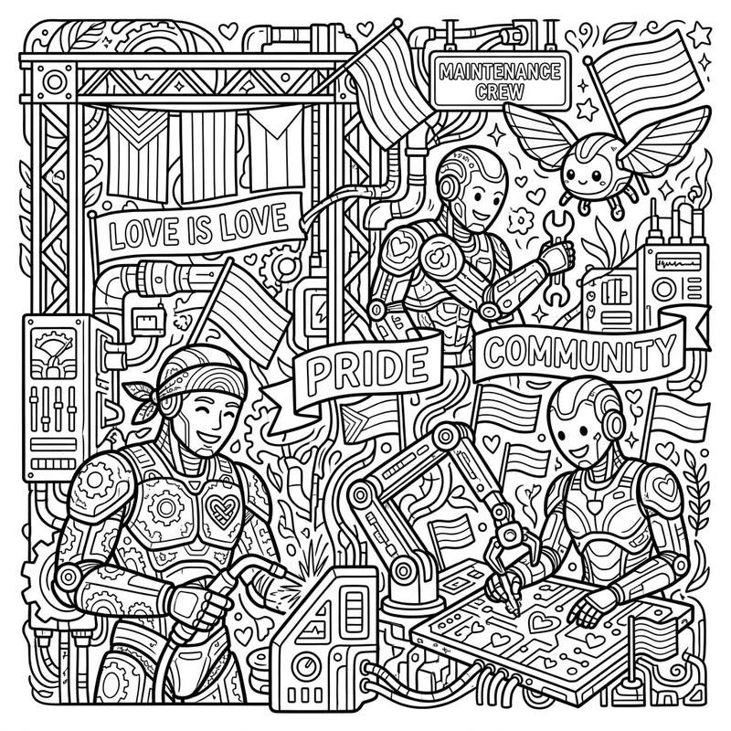 Dive into a unique celebration with our Maintenance Cyborgs Pride Month coloring page! This intricate design combines futuristic mechanics with heartwarming symbols of love, diversity, and community, perfect for a creative session.