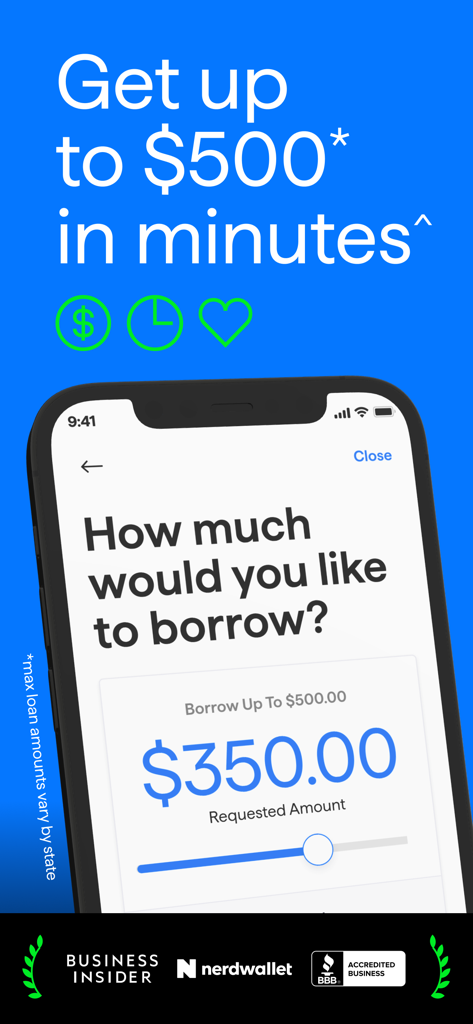 Possible: Fast Cash & Credit - Interfaz de la aplicación Possible mostrando a un usuario solicitando un adelanto de efectivo rápido de trescientos cincuenta dólares