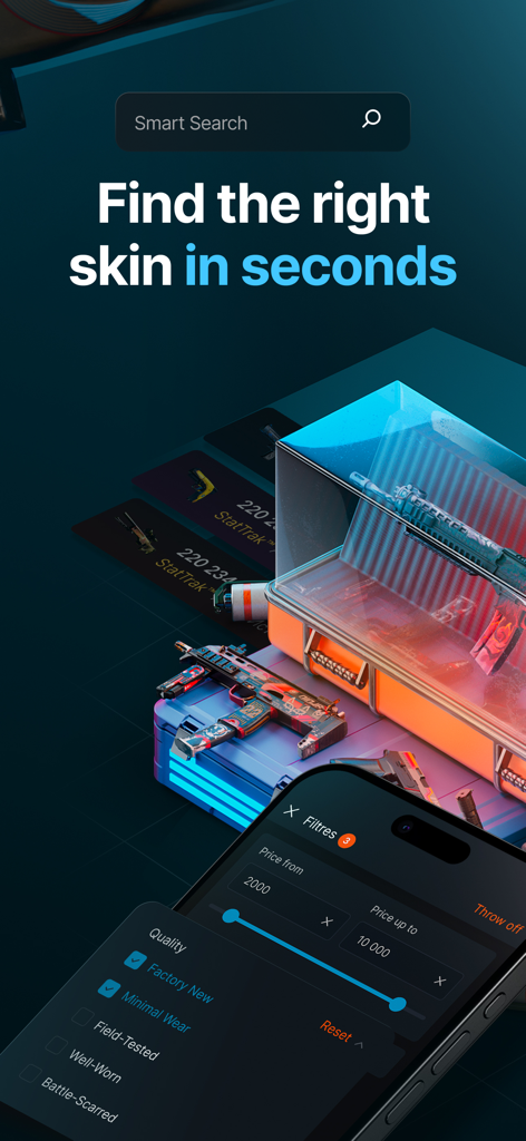 CS:GO Market - Interfaccia dell'app CS:GO Market che mostra filtri avanzati per trovare skin CS2 per prezzo e qualità