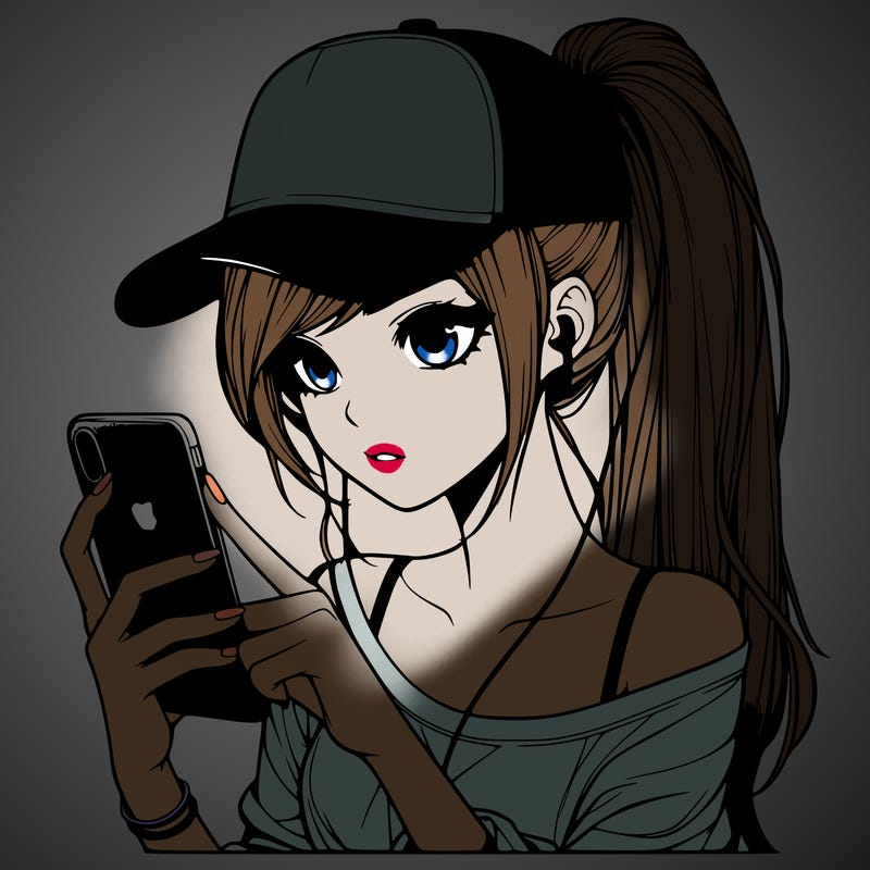 realistic girl with a long ponytail and trucker hat holding an iphone