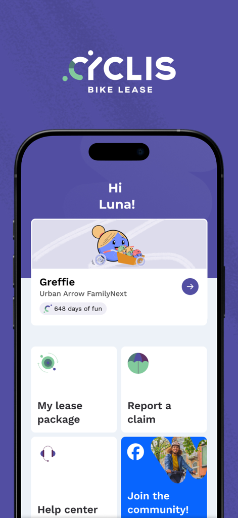 My.Cyclis - The home screen of the My.Cyclis bike lease app showing a personalized greeting and lease management options.