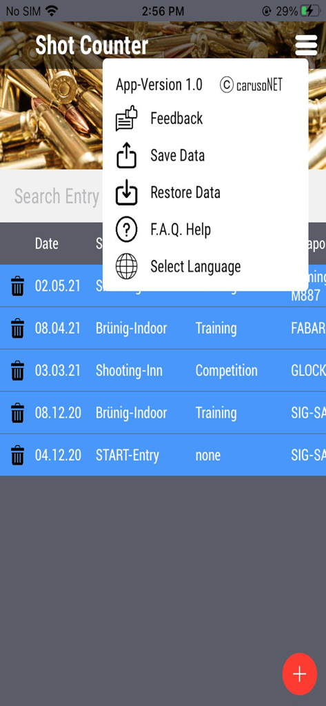 Interfaz de la aplicación Shot Counter que muestra el menú de configuración y una lista de registros de sesiones de tiro
