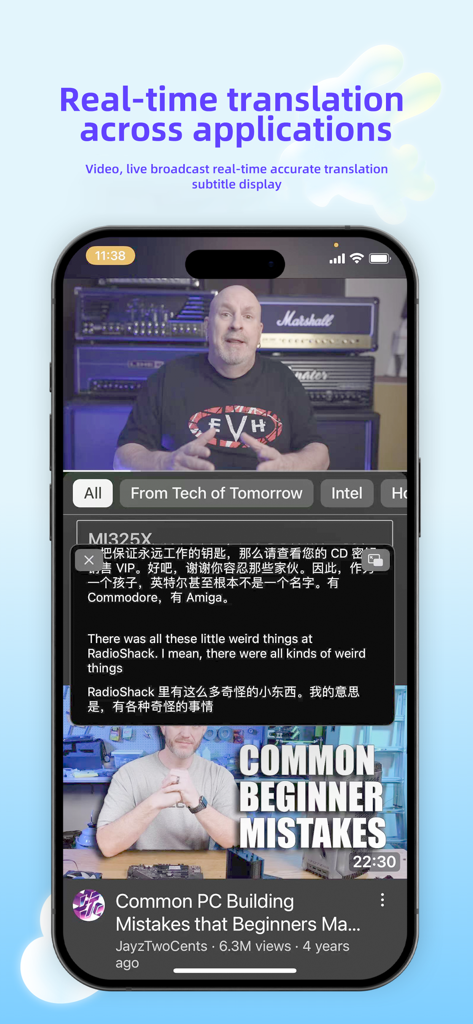 Pantalla de smartphone que muestra iTourTranslator proporcionando subtítulos bilingües en tiempo real para una transmisión de vídeo.