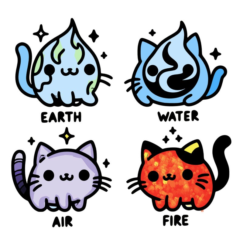 4 cats that represent the different elements, earth, water, air, and fire