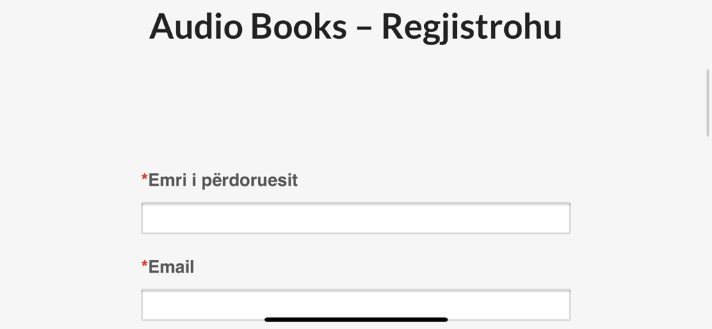 Registrierungsseite der Sigal Hörbücher App mit Feldern für Benutzername und E-Mail auf Albanisch.