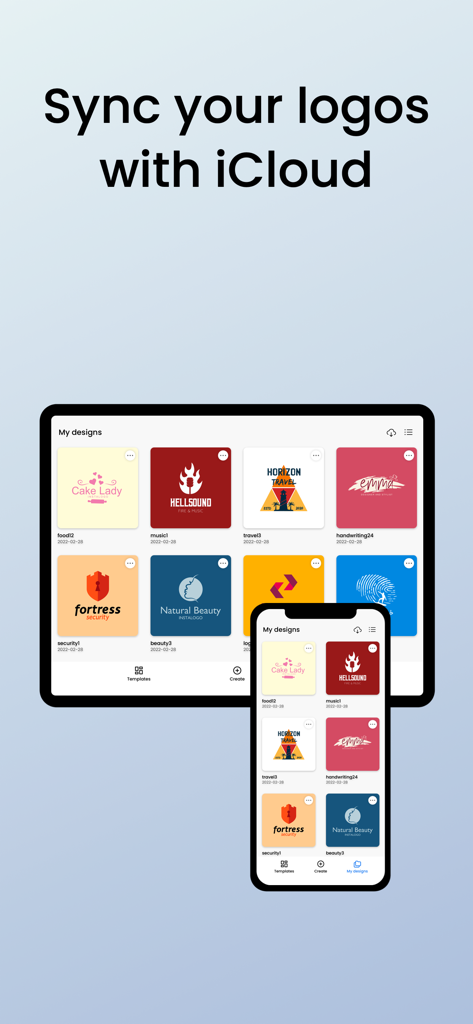 Logo Maker, Design Creator. - InstaLogo 2 app displaying synchronized logo designs across an iPhone and an iPad via iCloud