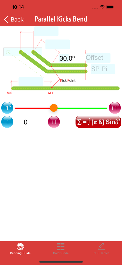 Base Electrician Tools - Mobile app interface for calculating parallel kicks conduit bends with technical diagrams and mathematical formulas.