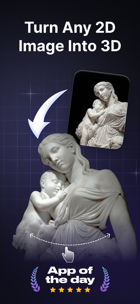 A screen showing the conversion of a 2D statue photo into a 3D model with the text Turn Any 2D Image Into 3D