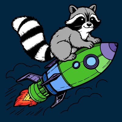 realistic raccoon flying on top rocket ship