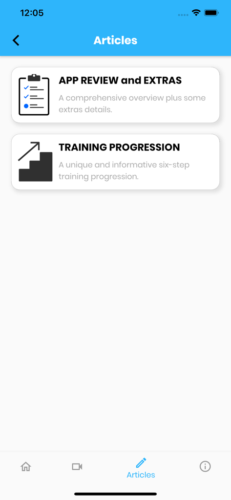 Roy Harris Grip Fighting - Articles screen in the Roy Harris Grip Fighting app featuring training progression and extras
