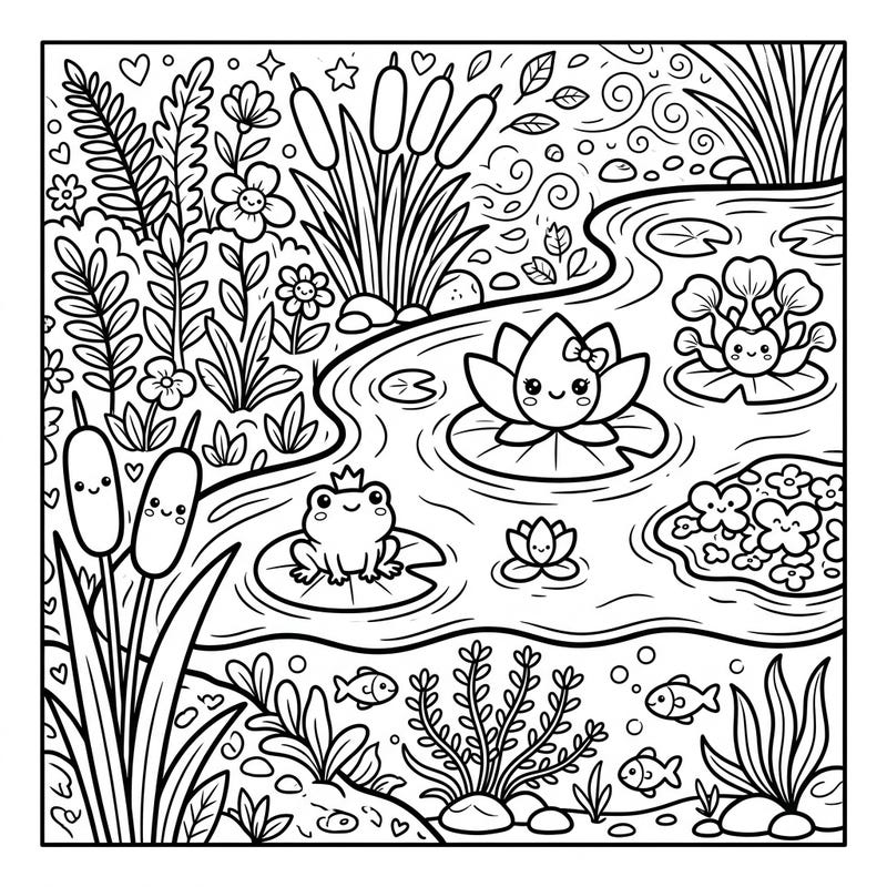 Discover the delightful world of river plants in an adorable Kawaii style. This charming coloring page is brimming with cute aquatic flora and friendly pond creatures, perfect for bringing a smile to your face.