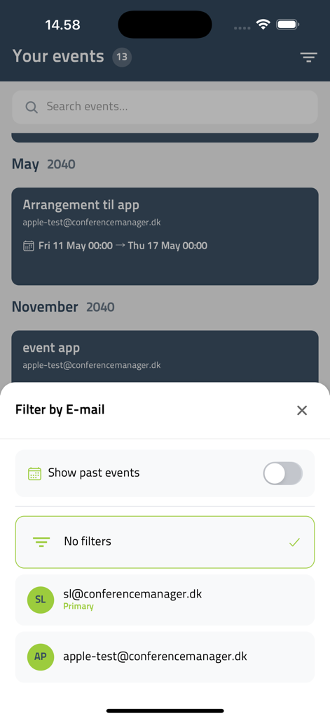 CM Events - Interface of the CM Events app displaying event listings and a filter by email modal.