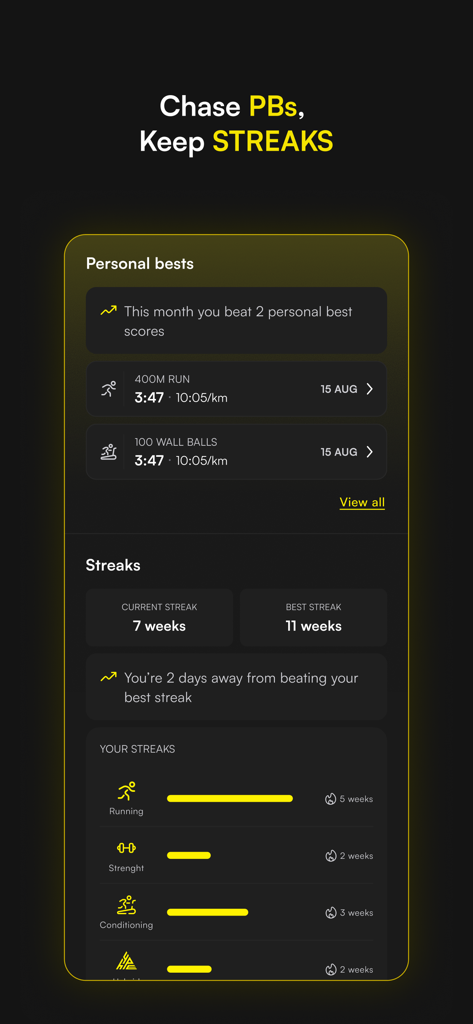 ROXFIT App-Oberfläche, die persönliche Bestleistungen für Laufen und Wall Balls mit wöchentlichen Trainings-Streaks für Hybrid-Fitness zeigt.