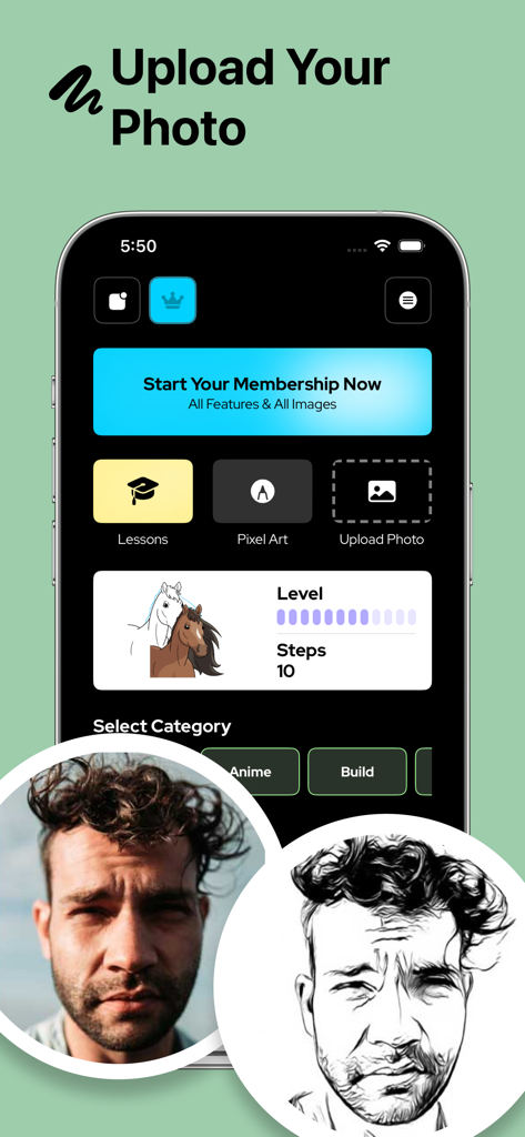 Projector AR Drawing - Creator - Interfaz de usuario de la aplicación Projector AR Drawing que muestra una foto de un hombre convertida en un boceto en blanco y negro para trazar