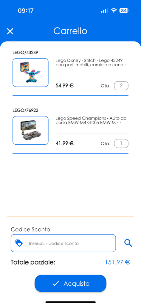 Punto Rigenera - Interfaccia dell'app mobile Punto Rigenera che mostra un carrello con prodotti LEGO e un pulsante di checkout.