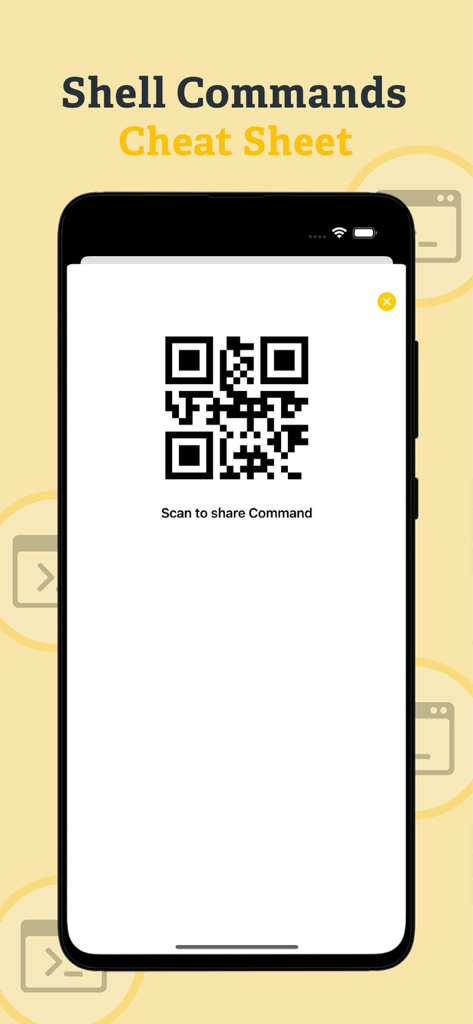 Écran mobile montrant un code QR pour partager une commande de terminal avec d'autres.