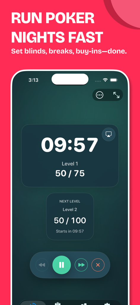 現在のブラインドとラウンドのカウントダウンを示すデジタルポーカータイマーインターフェース