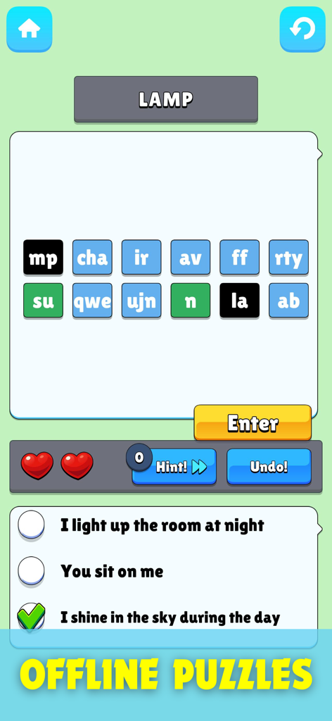Offline Games Hub: Mini Games - A word puzzle mini game interface showing letter tiles and riddle clues within the Offline Games Hub app.