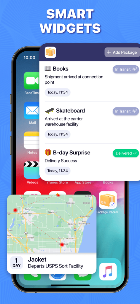 Package & Delivery Tracker - Schermata home di iOS che mostra widget intelligenti per il tracciamento dei pacchi in tempo reale e lo stato della consegna