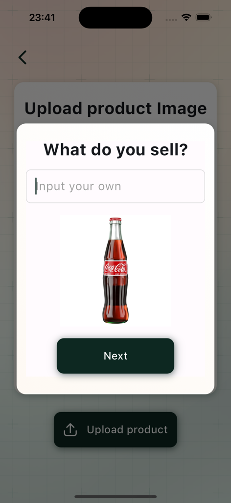 AI Ads - AI Ads mobile app interface showing a product upload step with a text input field and a glass soda bottle image.