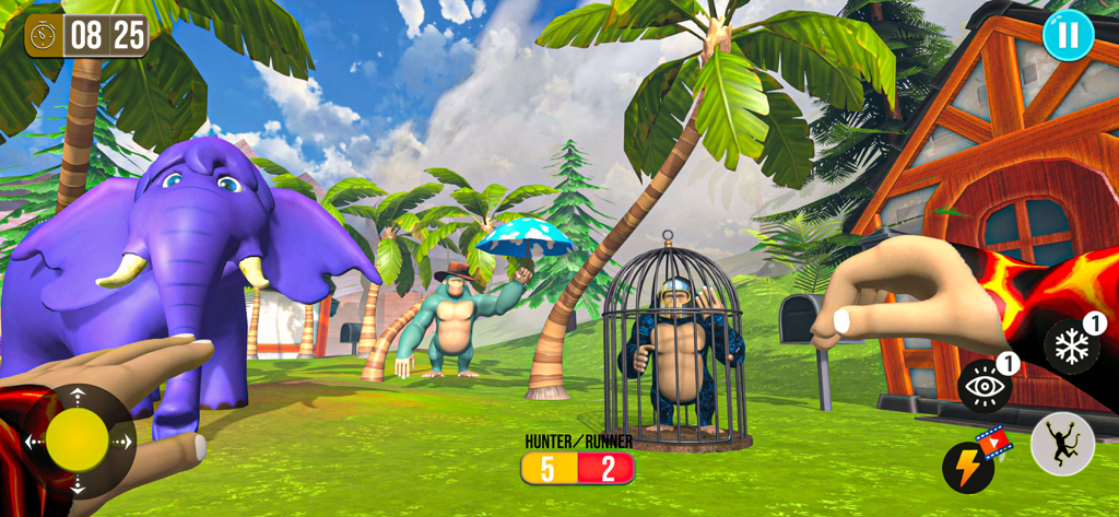 Monkey Monster Survival PEAK - Vista en primera persona de un nivel de jungla en Monkey Monster Survival PEAK con personajes elefante morado y mono