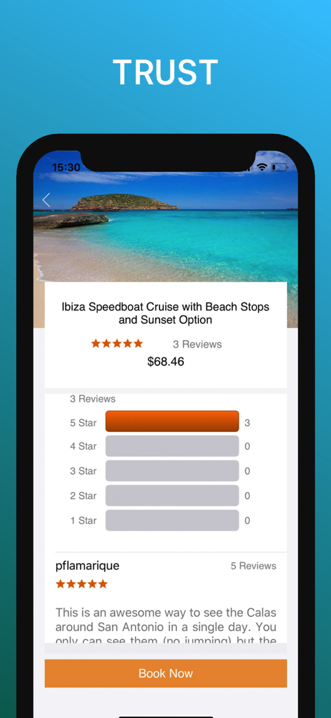 Ibiza Travel Guide. - Ibiza travel guide app showing speedboat cruise booking details with prices and user reviews.