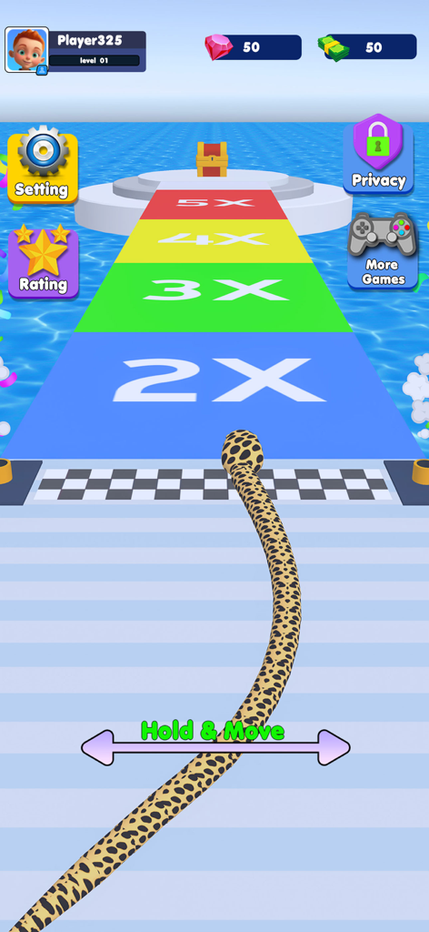 Una serpiente 3D con estampado de leopardo se desliza por una pista de carreras hacia multiplicadores de puntuación