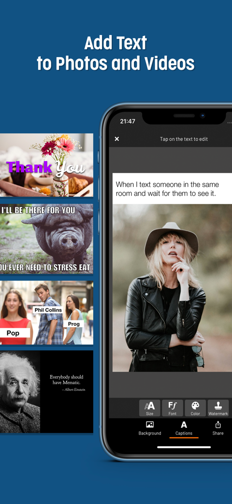 The Mematic app interface on a smartphone screen showing text caption editing tools for memes