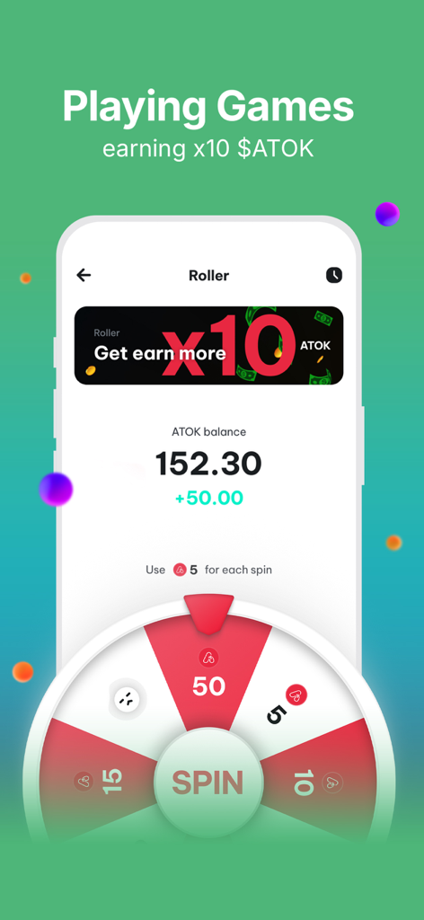 ATOK - ATOK app interface for the Roller game featuring a spin wheel to earn rewards